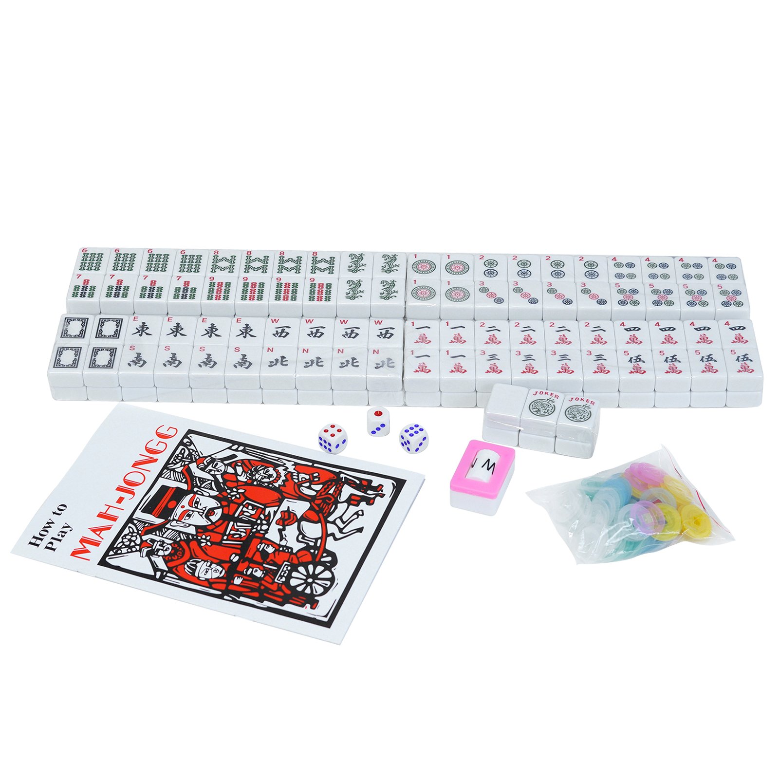 american mahjong set, 166 white engraved tiles with 4 racks & pushers, carrying case included