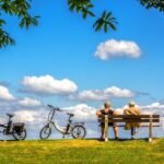 man, woman, bicycle, bike, air, sky, nature, bench, peace, people, couple